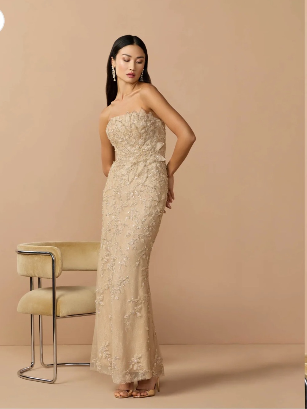 Mac Duggal Strapless Embellished Gown in Champagne